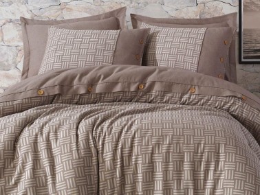 Derin Dobby Yarn Dyed Double Duvet Cover Set Brown - Thumbnail