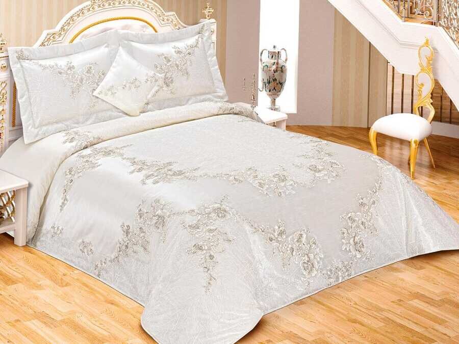  Destan طقم غطاء سرير مزدوج من قماش الجاكار لون كريمي - Thumbnail