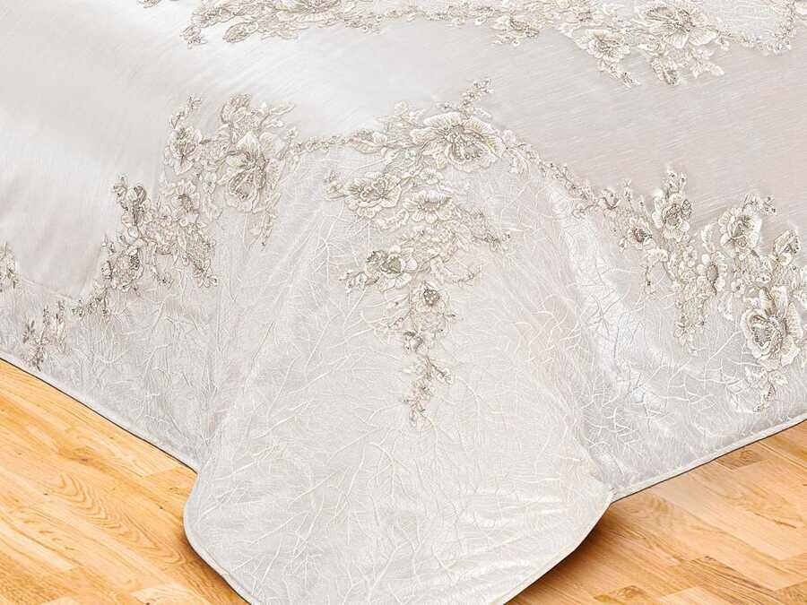  Destan طقم غطاء سرير مزدوج من قماش الجاكار لون كريمي - Thumbnail