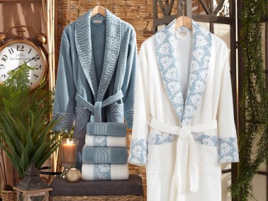 Diana Jacquard Cotton Bathrobe Set Cream Blue - Thumbnail