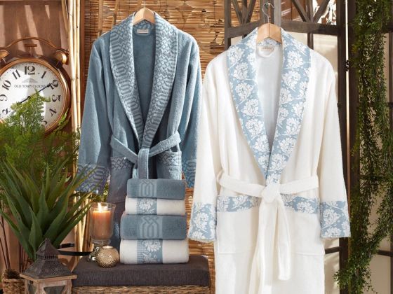 Diana Jacquard Cotton Bathrobe Set Cream Blue