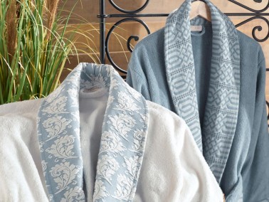 Diana Jacquard Cotton Bathrobe Set Cream Blue - Thumbnail