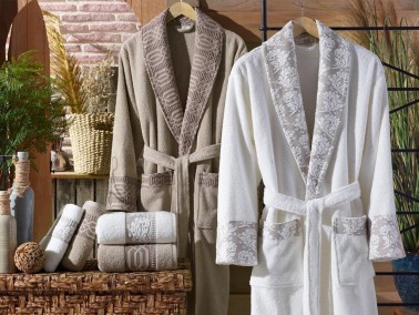 Diana Cotton Bathrobe Set Cream Brown - Thumbnail