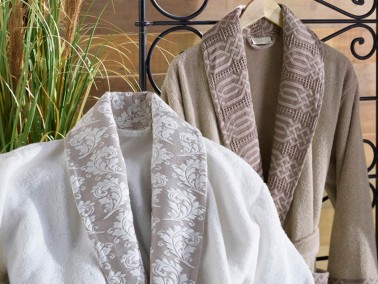 Diana Cotton Bathrobe Set Cream Brown - Thumbnail