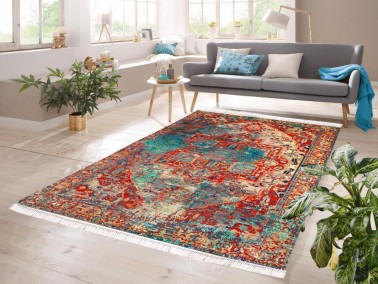 Dowry World - Inna Digital Printing Non-Slip Base Velvet Carpet Red-Turquoise 80x150 cm