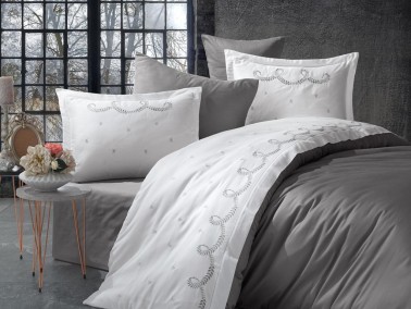 Dila Embroidered Cotton Satin Double Duvet Cover Set - Thumbnail