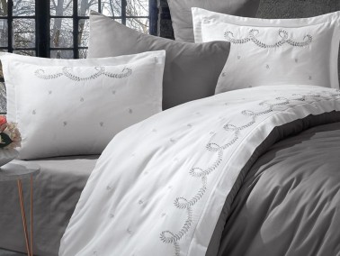 Dila Embroidered Cotton Satin Double Duvet Cover Set - Thumbnail