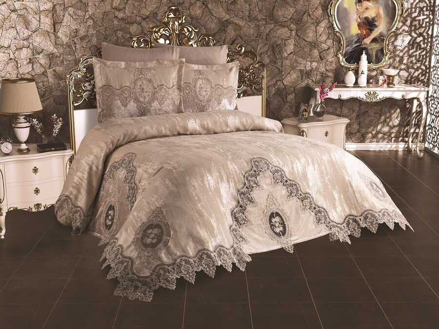 Dowry World - Dilara طقم غطاء صيفي مزدوج (لشخصين) مطرز - لون كابتشينو