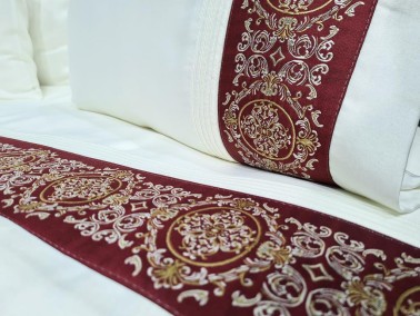 Dowry Land Hünkar Ribbed Cotton Satin Duvet Cover Set Cream Claret Red - Thumbnail