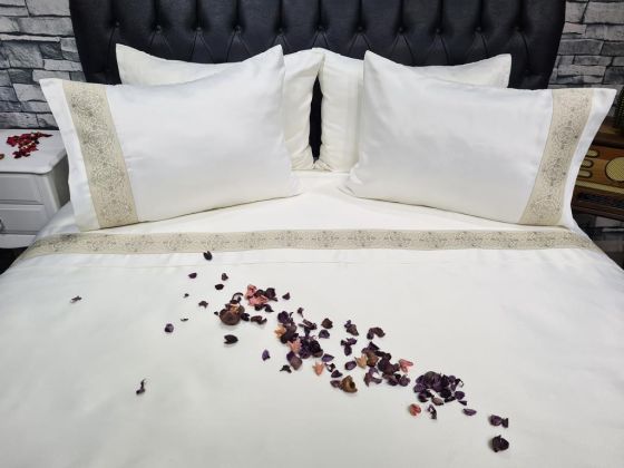 Dowry Land Hünkar Ribbed Cotton Satin Duvet Cover Set Cream Gold