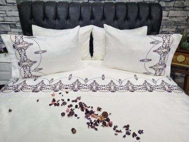 Dowry Land Mahidevran Cotton Satin Duvet Cover Set Cream Plum - Thumbnail