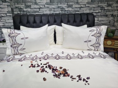 Dowry Land Mahidevran Cotton Satin Duvet Cover Set Cream Plum - Thumbnail