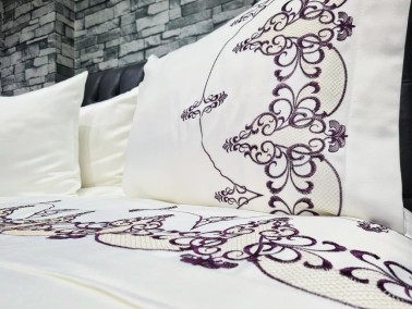 Dowry Land Mahidevran Cotton Satin Duvet Cover Set Cream Plum - Thumbnail