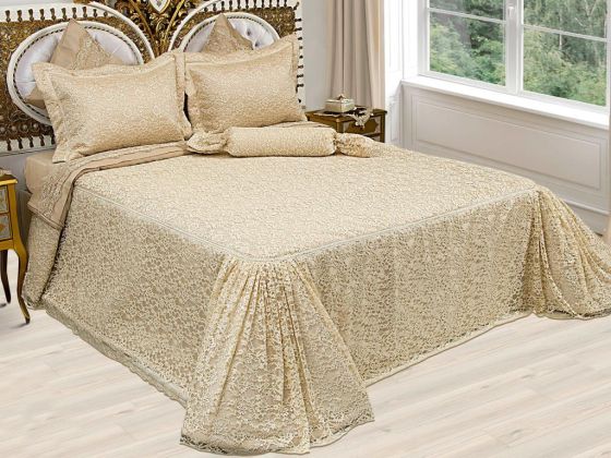 Dowryworld Drop Knitted Lace Double Bedspread Set Cappucino