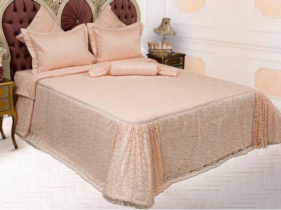 Dowryworld Drop Knitted Lace Double Bedspread Set Powder