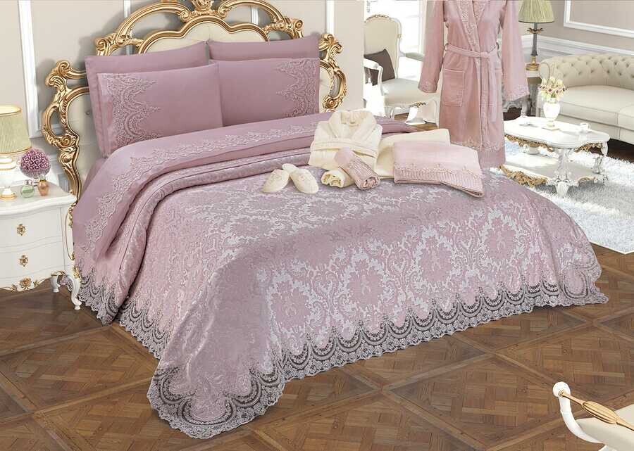 Dowry World - Dowryworld Queen طقم عرائسي مكون من 15 قطعه مطرز بالتطريز الفرنسي لون وردي فاتح