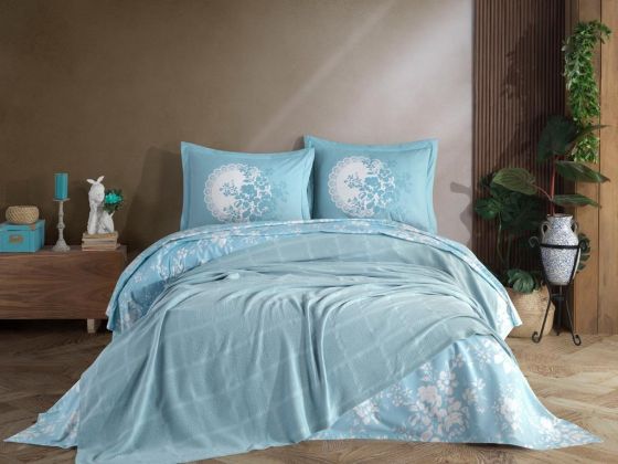 Dowryworld Rainbow Embroidered Bedspread Set Turquoise