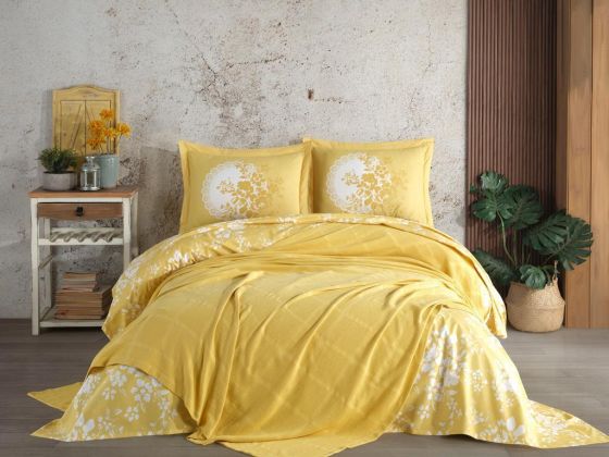 Dowryworld Rainbow Embroidered Bedspread Set Yellow