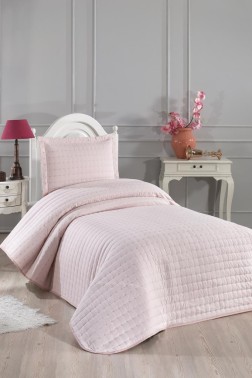 Dublin Quilted Queen Bedspread Set 2pcs, Coverlet 180x240, Pillowcase 50x70, Single Size, Pink - Thumbnail