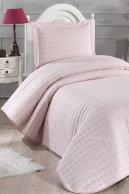 Dublin Quilted Queen Bedspread Set 2pcs, Coverlet 180x240, Pillowcase 50x70, Single Size, Pink - Thumbnail