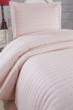 Dublin Quilted Queen Bedspread Set 2pcs, Coverlet 180x240, Pillowcase 50x70, Single Size, Pink - Thumbnail