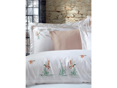 Duck Embroidered Cotton Satin Duvet Cover Set Cream Cappucino - Thumbnail