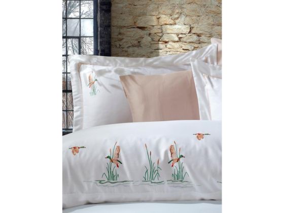 Duck Embroidered Cotton Satin Duvet Cover Set Cream Cappucino