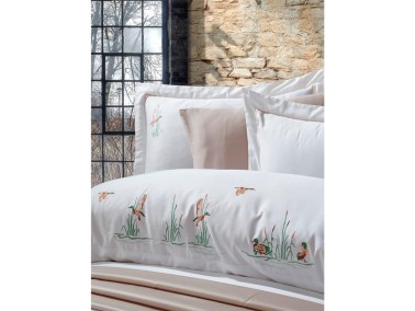 Duck Embroidered Cotton Satin Duvet Cover Set Cream Cappucino - Thumbnail