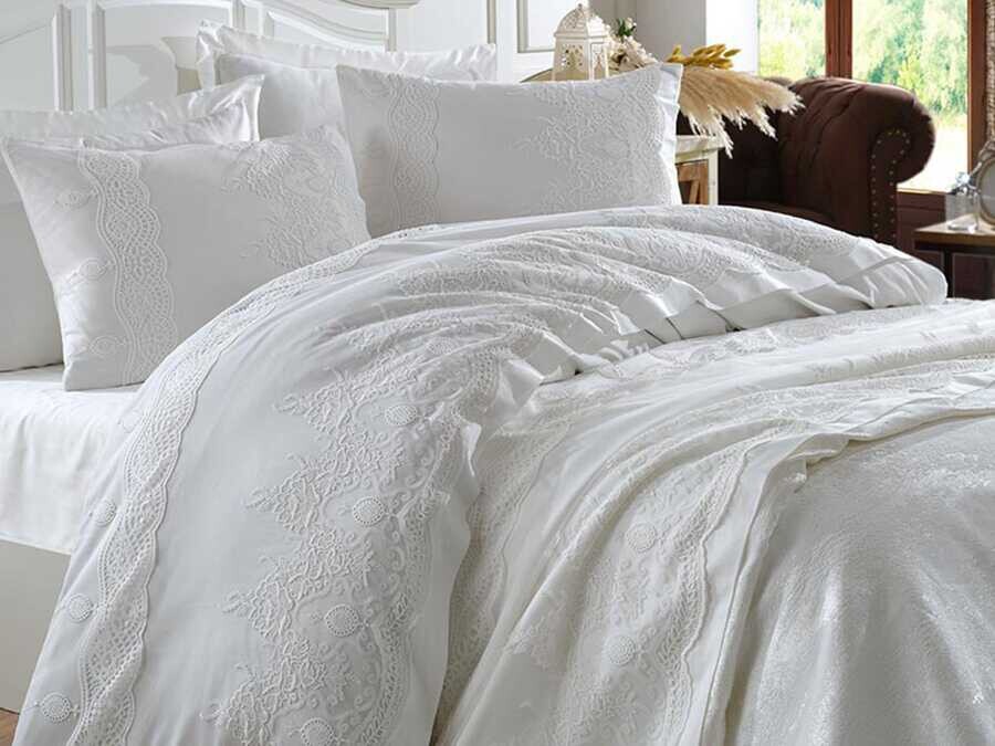  Duru French Guipure Cotton Satin Duvet Cover Set - Thumbnail