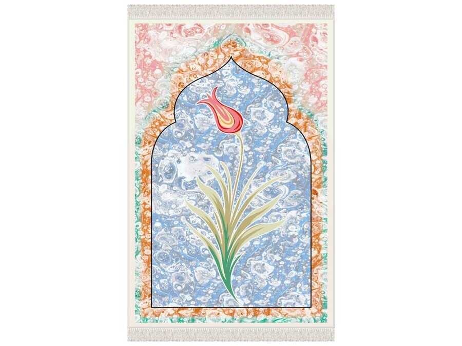 Ebruli Velvet Prayer Rug Blue - Thumbnail