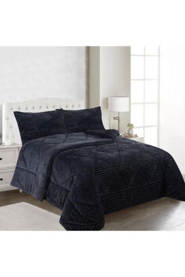 Ece Stripe King Bedspread Set, Coverlet 220x240 cm with Pillowcase, Full Size, Full Bed, Double Size, Plush Fabric Antrachite