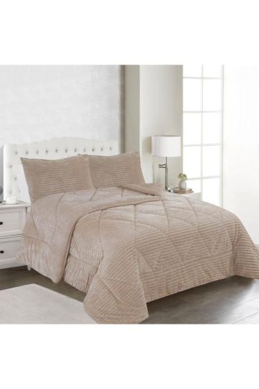 Ece Stripe King Bedspread Set, Coverlet 220x240 cm with Pillowcase, Full Size, Full Bed, Double Size, Plush Fabric Beige