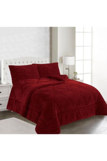 Ece Stripe King Bedspread Set, Coverlet 220x240 cm with Pillowcase, Full Size, Full Bed, Double Size, Plush Fabric Brugundy