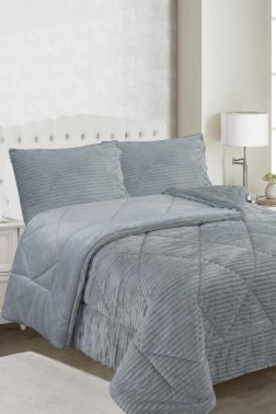 Ece Stripe King Bedspread Set, Coverlet 220x240 cm with Pillowcase, Full Size, Full Bed, Double Size, Plush Fabric Gray - Thumbnail