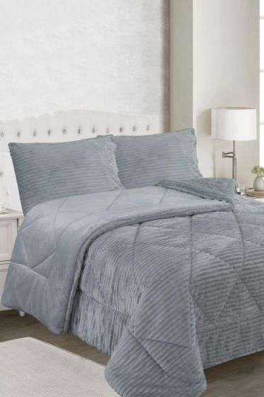 Ece Stripe King Bedspread Set, Coverlet 220x240 cm with Pillowcase, Full Size, Full Bed, Double Size, Plush Fabric Gray