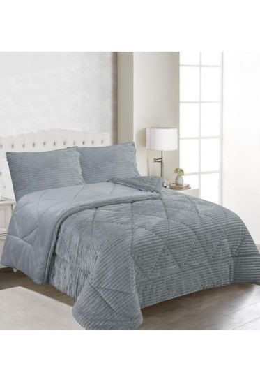 Ece Stripe King Bedspread Set, Coverlet 220x240 cm with Pillowcase, Full Size, Full Bed, Double Size, Plush Fabric Gray