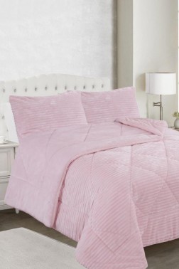 Ece Stripe King Bedspread Set, Coverlet 220x240 cm with Pillowcase, Full Size, Full Bed, Double Size, Plush Fabric Pink - Thumbnail