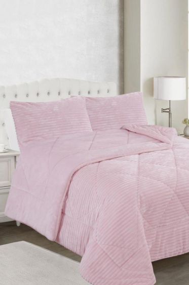 Ece Stripe King Bedspread Set, Coverlet 220x240 cm with Pillowcase, Full Size, Full Bed, Double Size, Plush Fabric Pink
