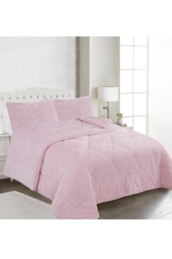 Ece Stripe King Bedspread Set, Coverlet 220x240 cm with Pillowcase, Full Size, Full Bed, Double Size, Plush Fabric Pink - Thumbnail