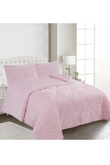 Ece Stripe King Bedspread Set, Coverlet 220x240 cm with Pillowcase, Full Size, Full Bed, Double Size, Plush Fabric Pink