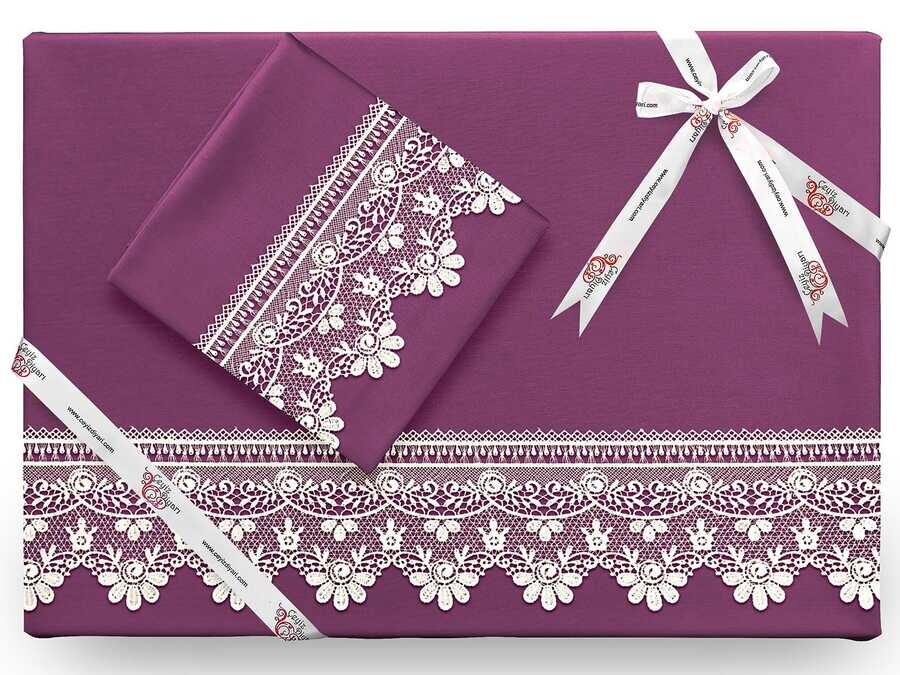 Dowry World - Efsun Plain French Laced Duvet Cover Set Plum Dowry World - Efsun Plain French Laced Duvet Cover Set Plum