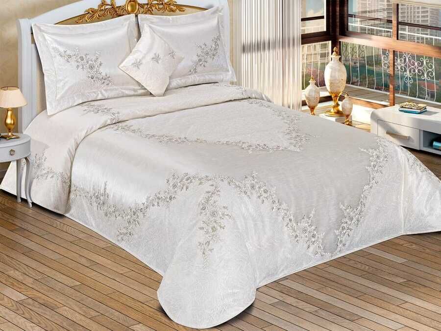 Eftal طقم غطاء سرير مزدوج من قماش الجاكار لون كريمي
