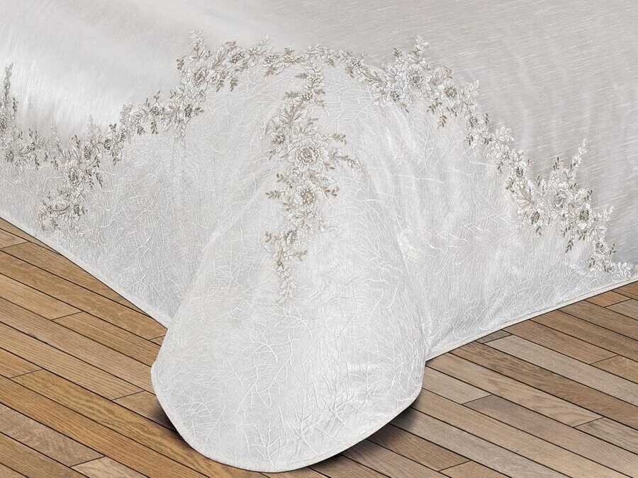 Eftal طقم غطاء سرير مزدوج من قماش الجاكار لون كريمي - Thumbnail