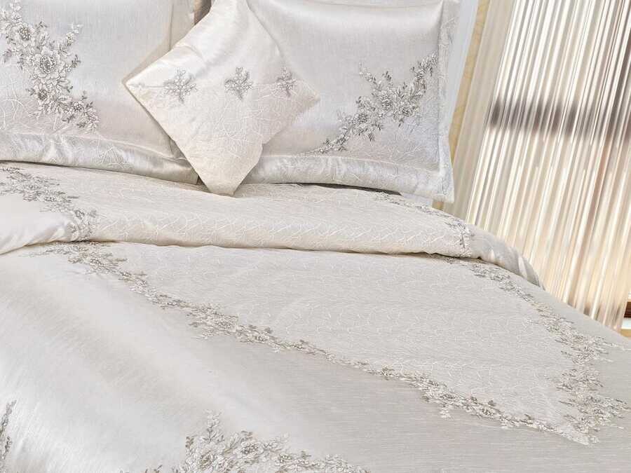 Eftal طقم غطاء سرير مزدوج من قماش الجاكار لون كريمي - Thumbnail