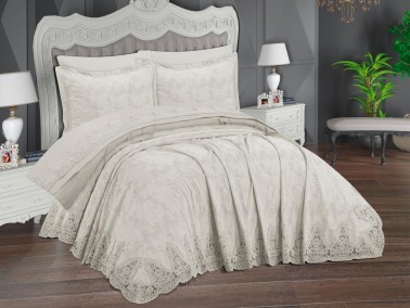 Ege Bedspread Set 6pcs, Coverlet 250x250,Sheet 240x250, Double Size, Cream - Thumbnail