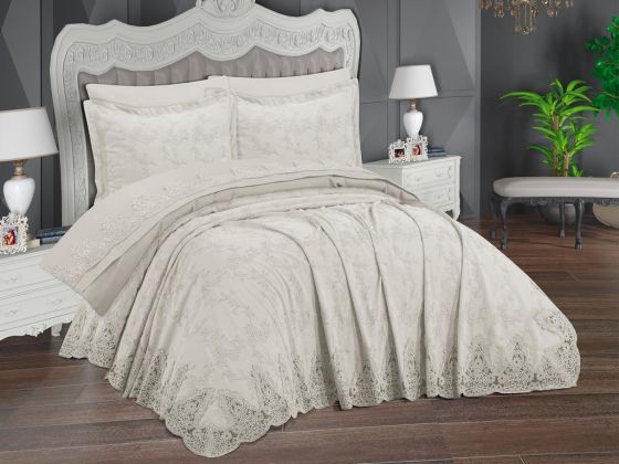 Ege Bedspread Set 6pcs, Coverlet 250x250,Sheet 240x250, Double Size, Cream