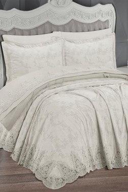 Ege Bedspread Set 6pcs, Coverlet 250x250,Sheet 240x250, Double Size, Cream - Thumbnail