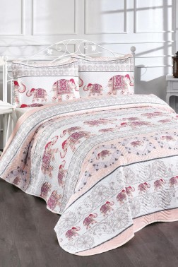 Elefante Quilted Bedspread Set 3pcs, Coverlet 240x250, Pillowcase 50x70, Double Size, Pink - Thumbnail