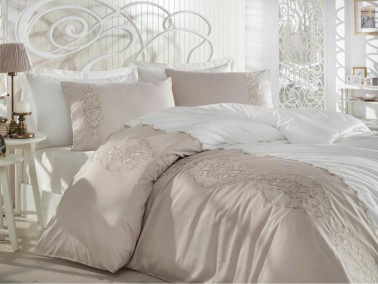 Elegance Embroidered Cotton Satin Duvet Cover Set Cream Cappucino - Thumbnail