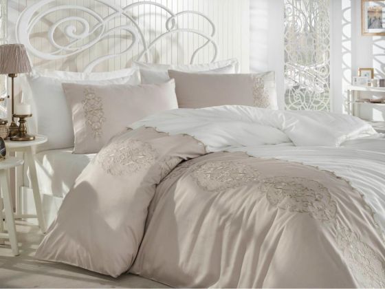 Elegance Embroidered Cotton Satin Duvet Cover Set Cream Cappucino